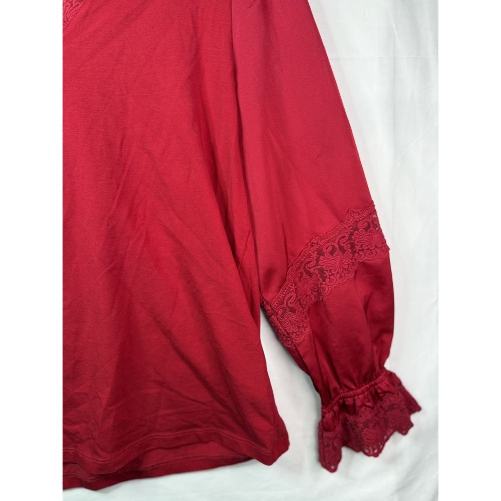 Women's Chicos Top Sz 1 US M Red Lace Accents Balloon Satin Sleeve V Neck - Picture 6 of 10